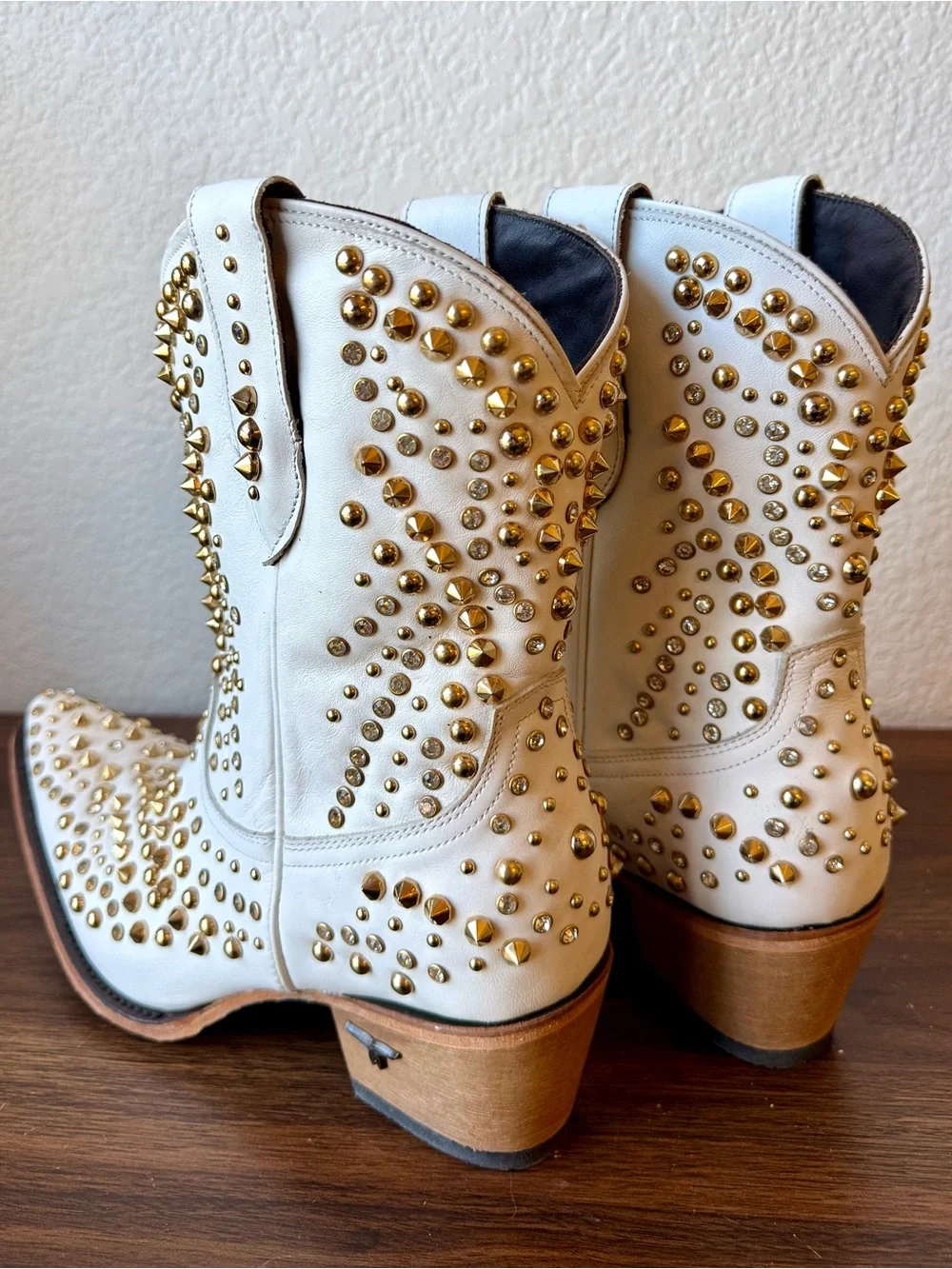 White Studded Lane Boots Dolly Western Ankle Boots with Gold Accents
